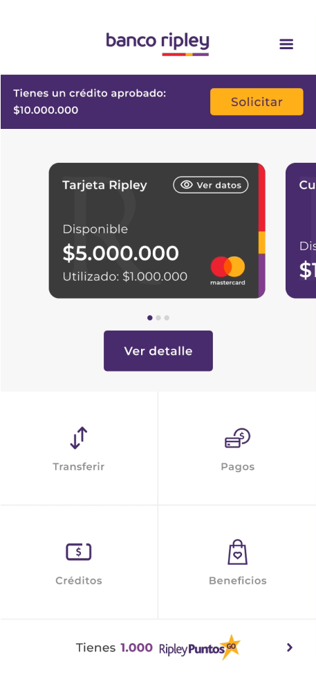 Diseño de pantalla inicio para dispositivos móviles del Banco Ripley