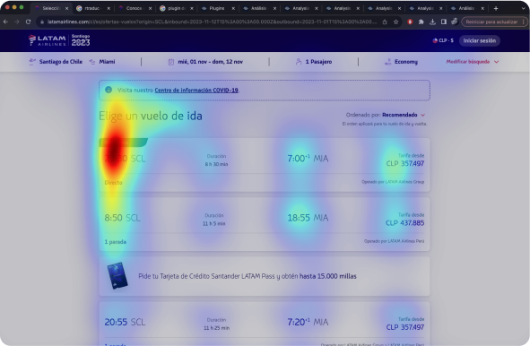 Mapa de calor de la pantalla de selección de vuelo de ida en el sitio web de LATAM Airlines, mostrando las áreas de mayor atención del usuario