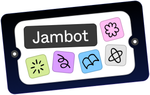 Ilustración de Jambot con iconos coloridos en una pantalla