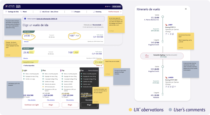 Pantalla de selección de vuelo de LATAM Airlines con observaciones de UX y comentarios de usuarios