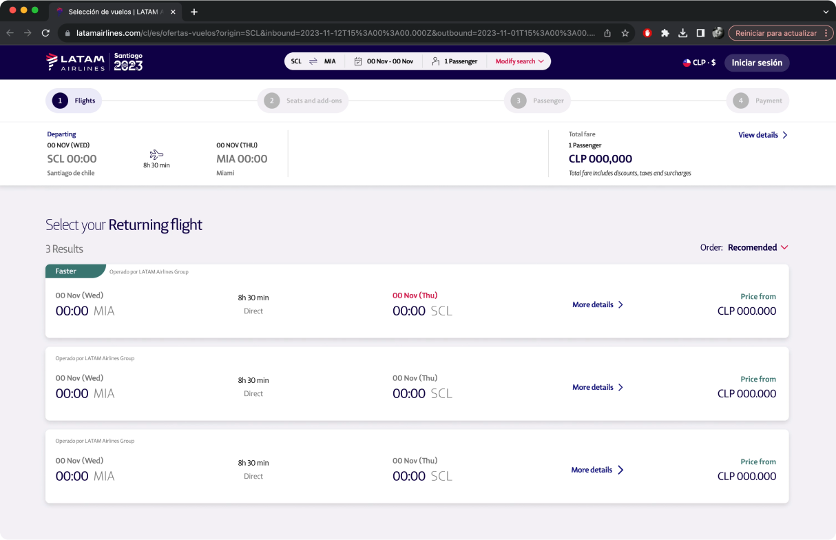 Pantalla de selección de vuelo de regreso en el sitio web de LATAM Airlines, mostrando opciones de vuelo con detalles y precios